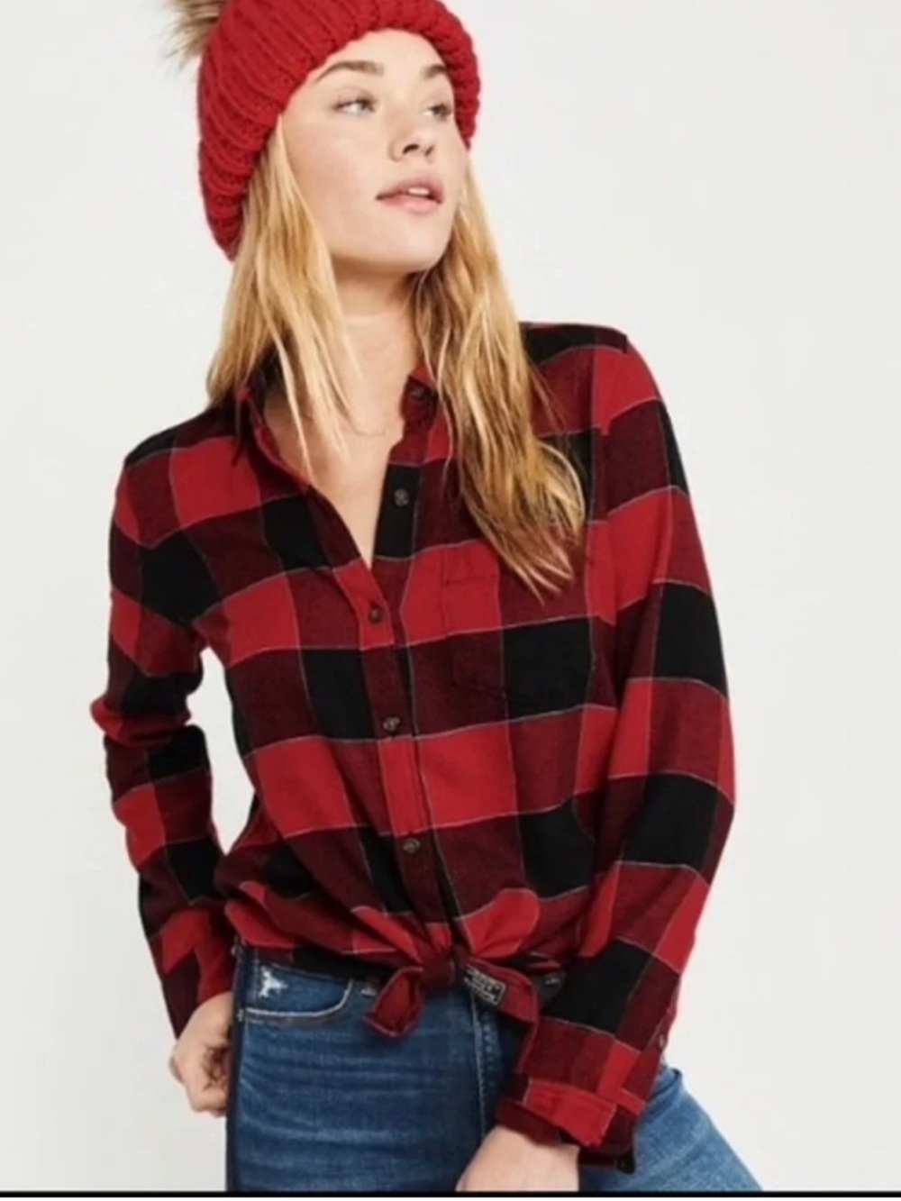 Abercrombie & Fitch Red and Black Buffalo Plaid Button-Down Shirt Women’s Y2K L